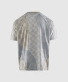 Back view of men's short sleeve streetwear shirt with abstract geometric pattern