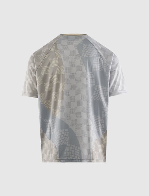 Back view of men's short sleeve streetwear shirt with abstract geometric pattern
