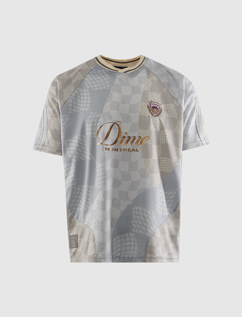 Short-sleeve streetwear t-shirt with geometric pattern, Dime Montreal logo on front.
