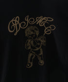 Black graphic t-shirt with gold script lettering and outlined angel illustration