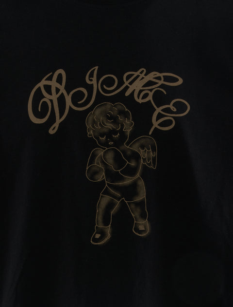 Black graphic t-shirt with gold script lettering and outlined angel illustration