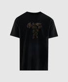Black streetwear t-shirt with graphic cherub and script design on the front