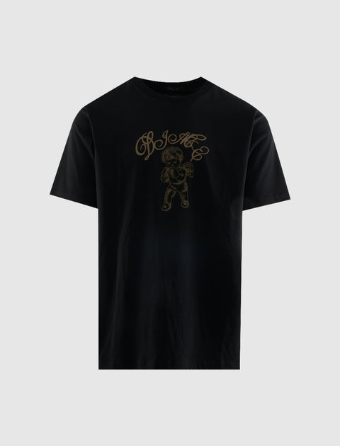Black streetwear t-shirt with graphic cherub and script design on the front