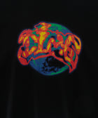Black streetwear tee with bold red and yellow graphic over blue and green globe print