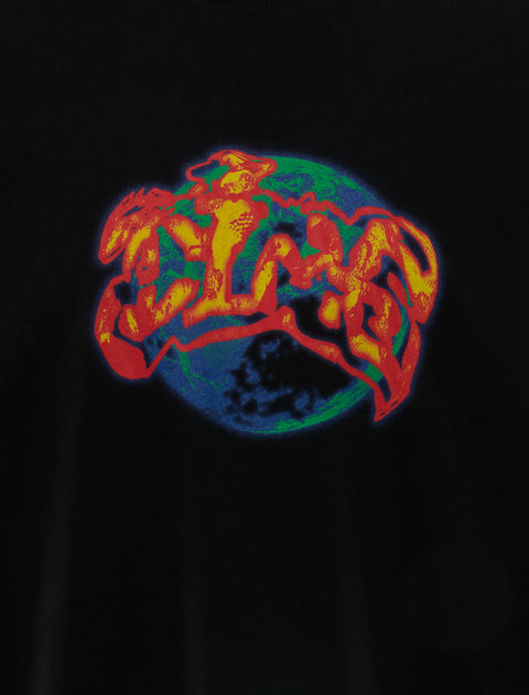 Black streetwear tee with bold red and yellow graphic over blue and green globe print
