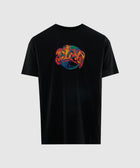 Black men's streetwear t-shirt with colorful graffiti-style globe graphic on front