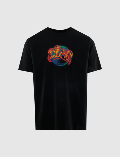 Black men's streetwear t-shirt with colorful graffiti-style globe graphic on front