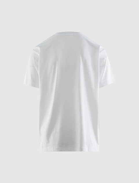 Back view of plain white men's short sleeve streetwear t-shirt on light background