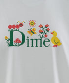 White t-shirt with pixel art Dime logo, caterpillar, duck, sun, flowers, and butterfly