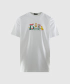 White short sleeve t-shirt with colorful floral and duck graphic logo on chest