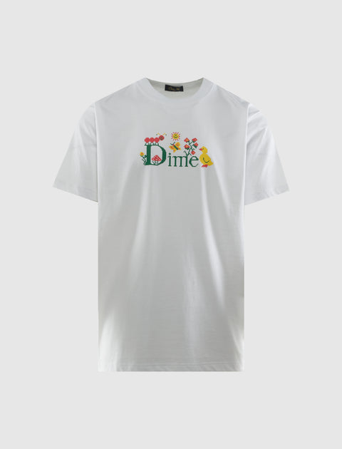 White short sleeve t-shirt with colorful floral and duck graphic logo on chest