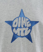 Close-up of grey streetwear tee with metallic blue star and bold graphic text print