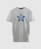 Gray men's streetwear t-shirt with blue star graphic and bold front text design