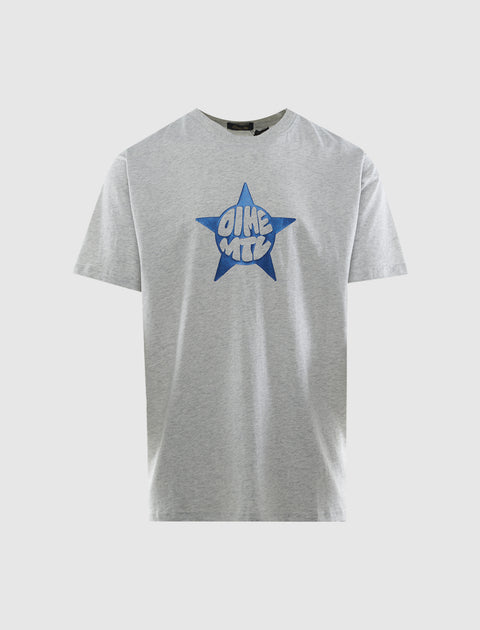 Gray men's streetwear t-shirt with blue star graphic and bold front text design