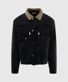 Black men's streetwear jacket with tan corduroy collar and front snap pockets