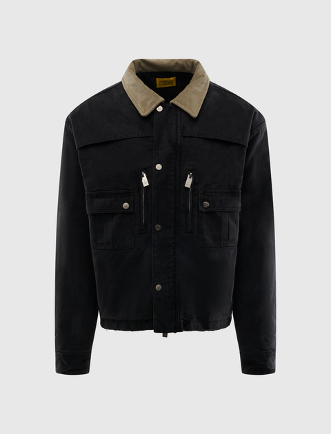 Black men's streetwear jacket with tan corduroy collar and front snap pockets