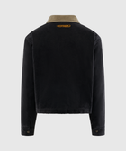 Back view of a black men's streetwear jacket with a contrasting tan collar and yellow text detail