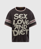 Black graphic streetwear t-shirt with bold 'Sex Love and Diet' text and striped sleeves.