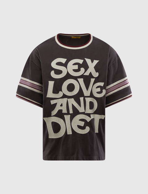 Black graphic streetwear t-shirt with bold 'Sex Love and Diet' text and striped sleeves.