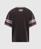 Black streetwear t-shirt with DSM patch, striped sleeves, and contrast trim, back view