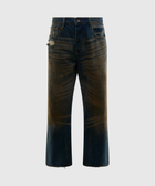 Men's distressed straight-leg jeans with faded and worn details, raw hem, and pocket rip