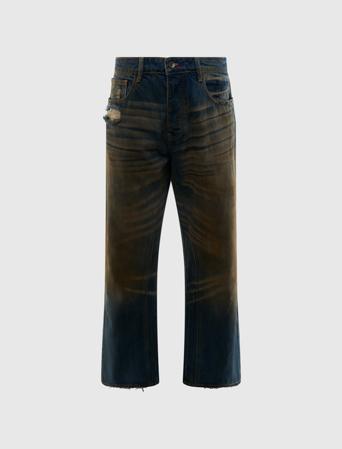 Men's distressed straight-leg jeans with faded and worn details, raw hem, and pocket rip