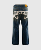 Men's blue denim jeans with bold white DIET embroidery on back pockets, streetwear style