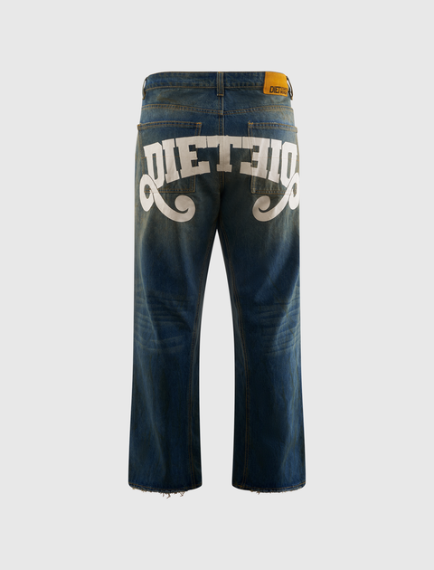 Men's blue denim jeans with bold white DIET embroidery on back pockets, streetwear style