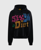 Black men's streetwear hoodie with colorful 'Sex, Love & Diet' graphic print on front