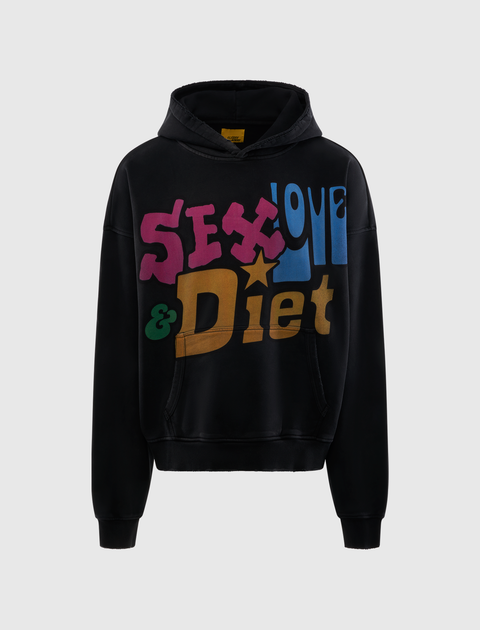 Black men's streetwear hoodie with colorful 'Sex, Love & Diet' graphic print on front