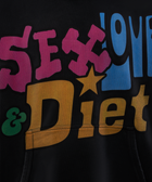 Black streetwear hoodie with bold colorful 'Sex, Love & Diet' text graphic on front
