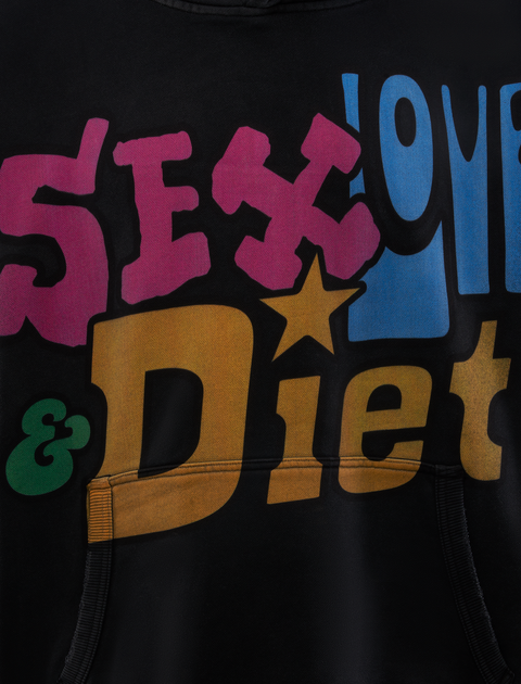 Black streetwear hoodie with bold colorful 'Sex, Love & Diet' text graphic on front