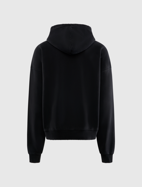 Back view of plain black men's streetwear hoodie on a light background