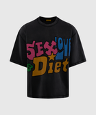 Black streetwear T-shirt with colorful 'Sex, Love & Diet' graphic text on front