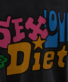 Streetwear t-shirt with bold, colorful 'Sex, Love & Diet' graphic text print