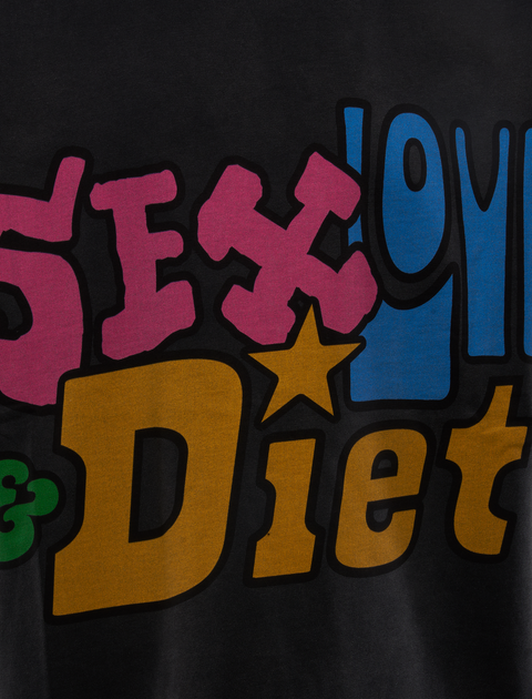Streetwear t-shirt with bold, colorful 'Sex, Love & Diet' graphic text print