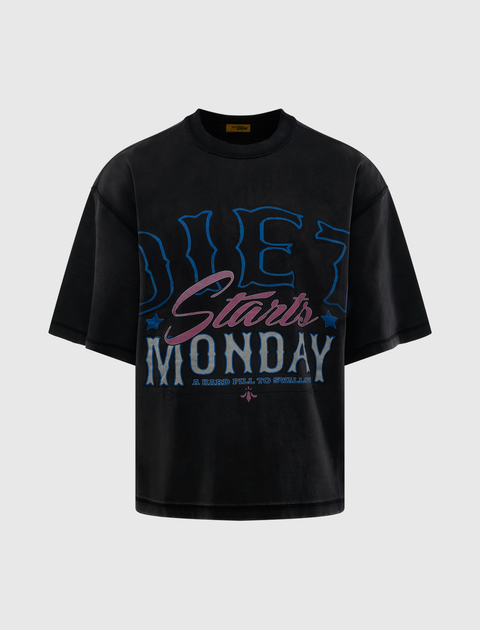 Black oversized streetwear t-shirt with 'Diet Starts Monday' graphic text on front
