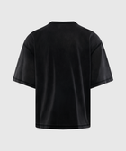 Back view of a black oversized short-sleeve men's streetwear t-shirt on plain background