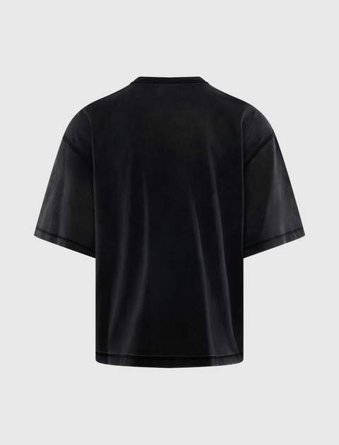 Back view of a black oversized short-sleeve men's streetwear t-shirt on plain background