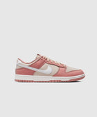Low-top sneaker with pink and beige panels, white swoosh logo, and white sole on plain background