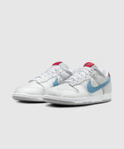 White and silver low-top sneakers with blue Swoosh and red tongue accents on a plain background