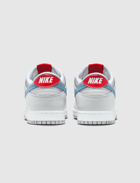 Back view of silver and white low-top sneakers with red heel tab and blue accents