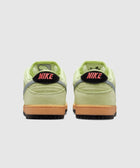 Back view of green Nike Dunk Low sneakers with gum soles and pink accent logo