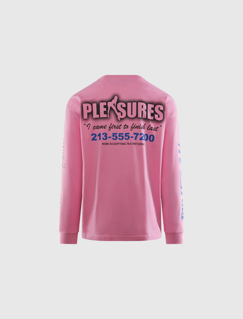 Pink long sleeve streetwear shirt with graphic text and logo design on the back.