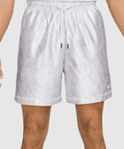 Men's light grey athletic shorts with subtle snakeskin pattern and drawstring waist