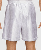 Men's white athletic shorts with subtle snakeskin pattern, elastic waistband, back view