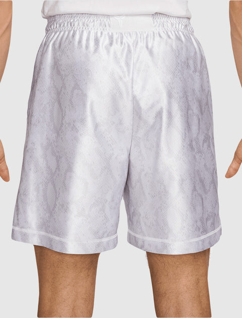 Men's white athletic shorts with subtle snakeskin pattern, elastic waistband, back view
