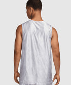 Man wearing white sleeveless snake print streetwear top and matching shorts, back view