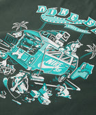 Graphic of a teal van with dogs, palm trees, and skateboard gear, Nike SB design on black fabric