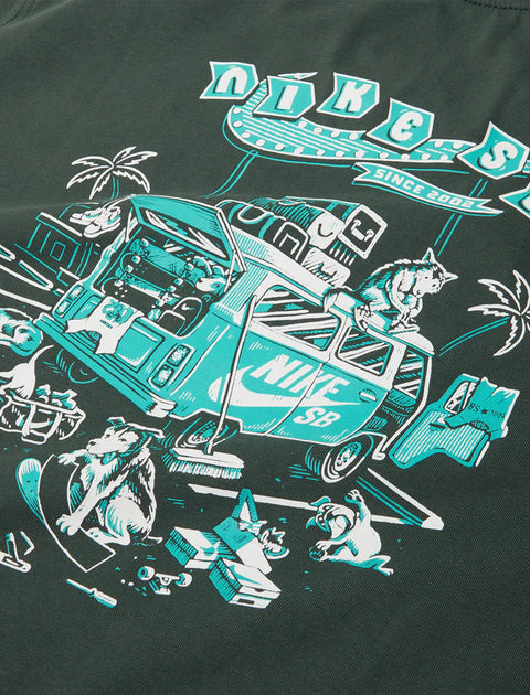 Graphic of a teal van with dogs, palm trees, and skateboard gear, Nike SB design on black fabric